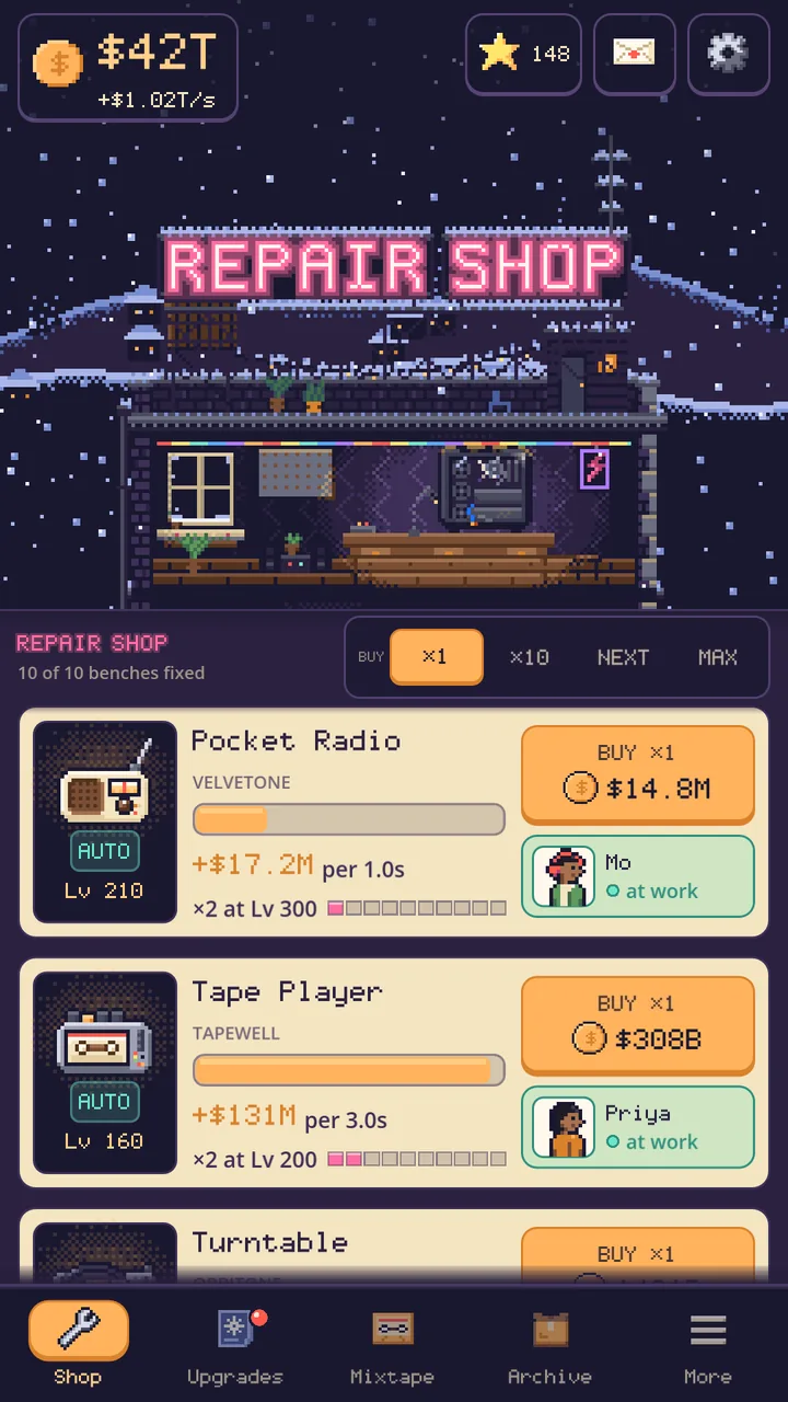 The rooftop in Snowy Hilltown under falling snow, with the whole pink REPAIR SHOP neon sign lit and 10 of 10 benches fixed.