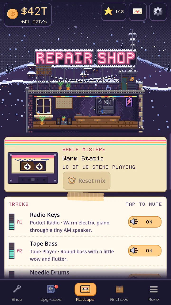 The Shelf Mixtape: a cassette labelled Warm Static, with ten song parts that each switch on and off.
