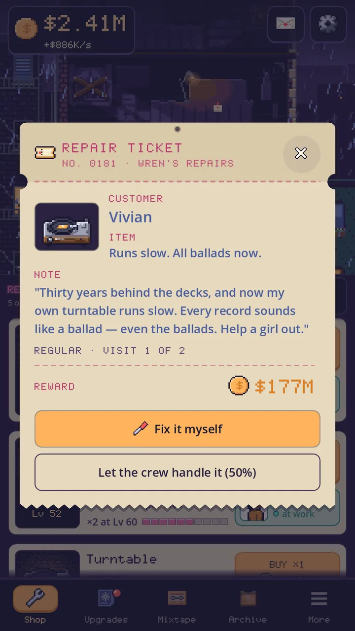 A handwritten repair ticket from Vivian, a veteran DJ, whose turntable now runs slow.