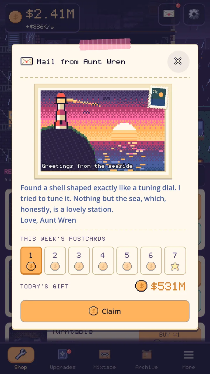 A postcard from Aunt Wren at the seaside, with a lighthouse at sunset and her handwritten note.